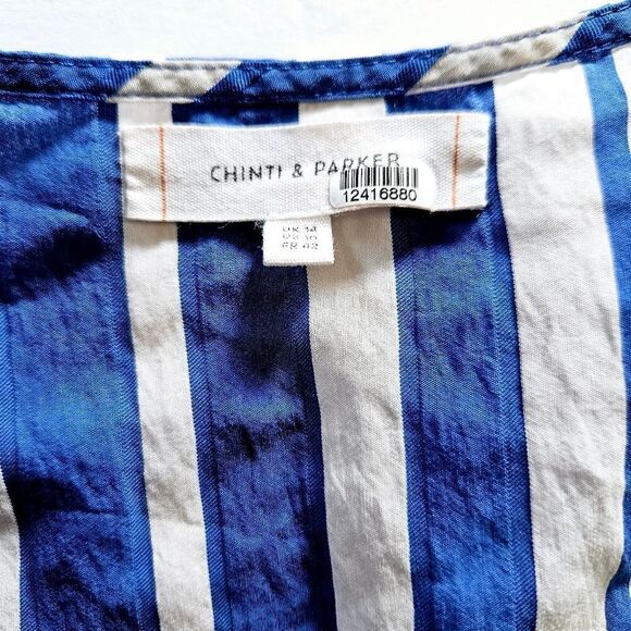 Chinti & Parker Blue Striped Crepe Parasol V-Neck Faux Wrap Oversized Dress 10 - Picture 5 of 8